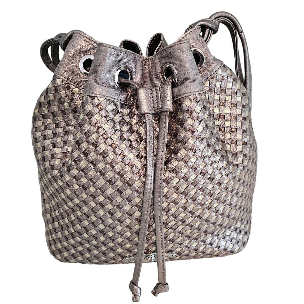 Elliott Lucca Silver Metallic Leather Woven Drawstring Bucket Purse